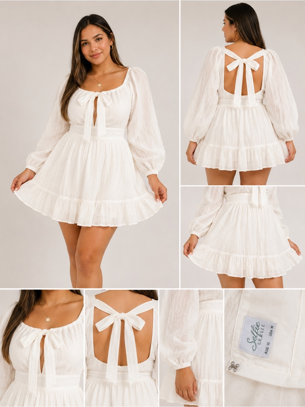 Selfie Leslie White Tie-Back Mini Dress with Puff Sleeves